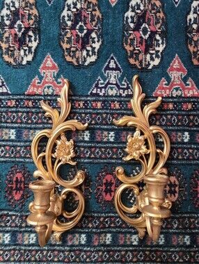 Ornate Floral Gold Wall Sconces - Pair